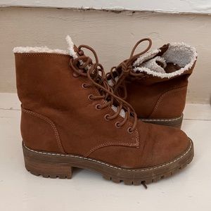 brown suede & sherpa lined combat boots